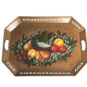 VTG Hand Painted Tin Serving Tray Fruit Grapes Bird Signed Joan 22" x 16" Heavy